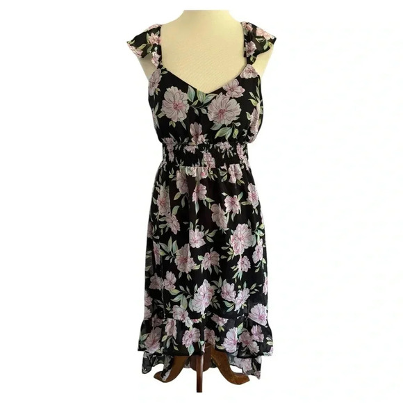 NWOT No Boundaries Juniors Hi Low Black Pink Floral Sheer Ruffle Dress Size L - Picture 3 of 15